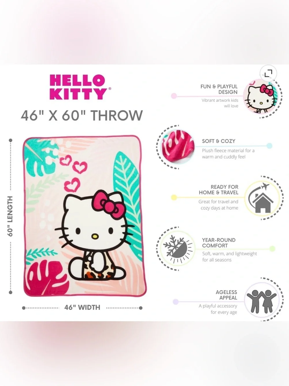 Hello kitty Palm Leaf tropical throw blanket NEW great gift